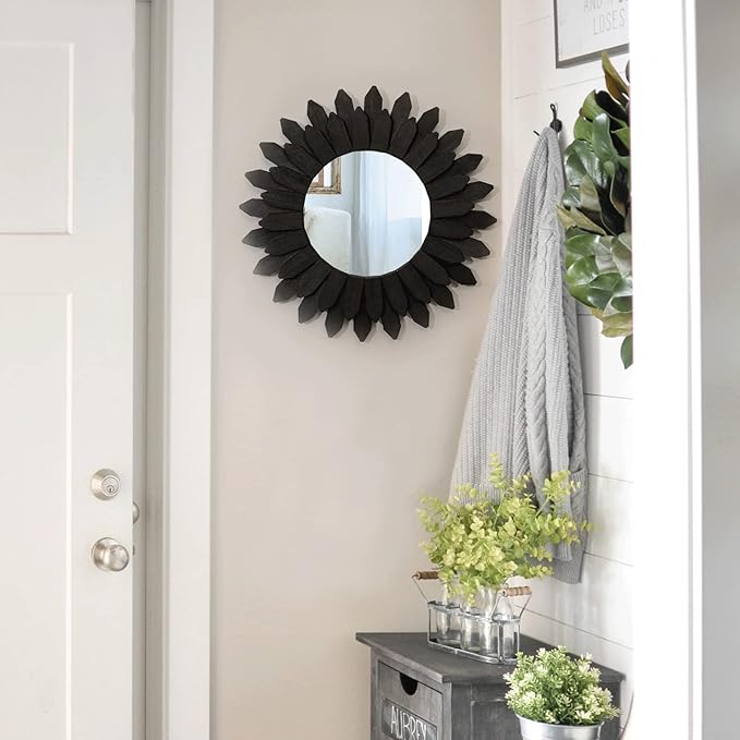 Honiway Boho Wall Decor Mirrors for Wall 2 Pack 12 inch Wood Decorative Mirror for Room Decor Rustic Farmhouse Mirror for Bedroom Bathroom Living Room Kitchen Black
