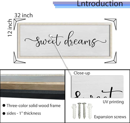 FZMHASLWW Bedroom Above Bed Wall Decor Sweet Dreams Sign 32"×12" Cozy Quote for Over Bed Farmhouse Large Rustic Minimalist Couples Horizontal Wall Hanging Decoration (White)