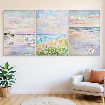 SEWEAIPIC 3 Piece Coastal Wall Art, Dreamy Pastel Pink Beach Canvas Prints, Calming Ocean Sunset Painting for Bedroom, Living Room Decor, Seascape Artwork, 16x24 inch - Framed