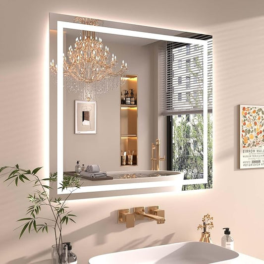 Snowdool 40"X36" LED Bathroom Mirror with Front Lights and Backlit, Anti-Fog, Dimmable, Shatter-Proof Tempered Glass, Lighted Bathroom Vanity Mirror for Wall with 3 Colors, Memory Function