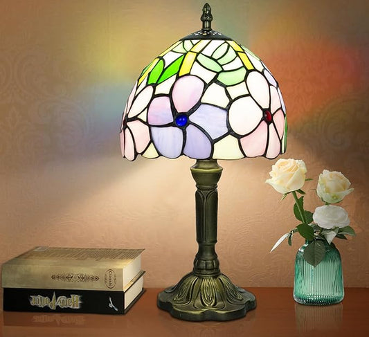 Tiffany Style Table Lamp, 3 Color Temperatures Bedside Lamp, 8 Inch Stained Glass Desk Light for Home Office Bedroom Living Room (4 Flower Pattern)