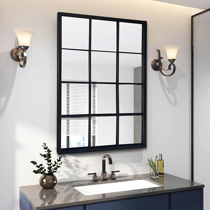 OUSHUAI Balck Rectangle Mirror,Window Pane Grid Mirror,Minimalism Wall Mounted Mirror for Entryway,Hallway,Living Room,Fireplace 24"X36"