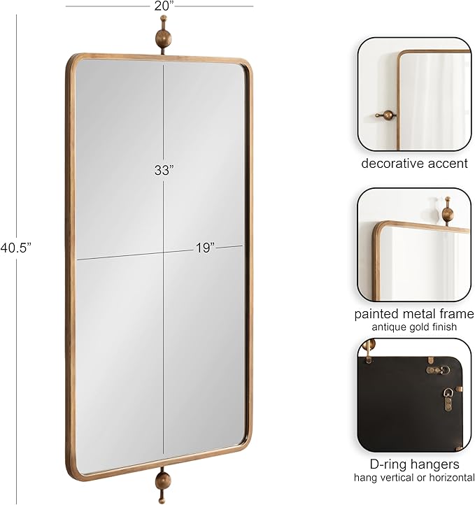 Kate and Laurel Kasota Traditional Metal Rectangle Wall Mirror, 20 x 41, Antique Gold, Vintage Tall Bathroom Mirror for Over Sink or for Use as Versatile Entryway or Bedroom Wall Decor