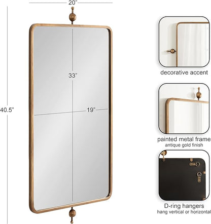 Kate and Laurel Kasota Traditional Metal Rectangle Wall Mirror, 20 x 41, Antique Gold, Vintage Tall Bathroom Mirror for Over Sink or for Use as Versatile Entryway or Bedroom Wall Decor