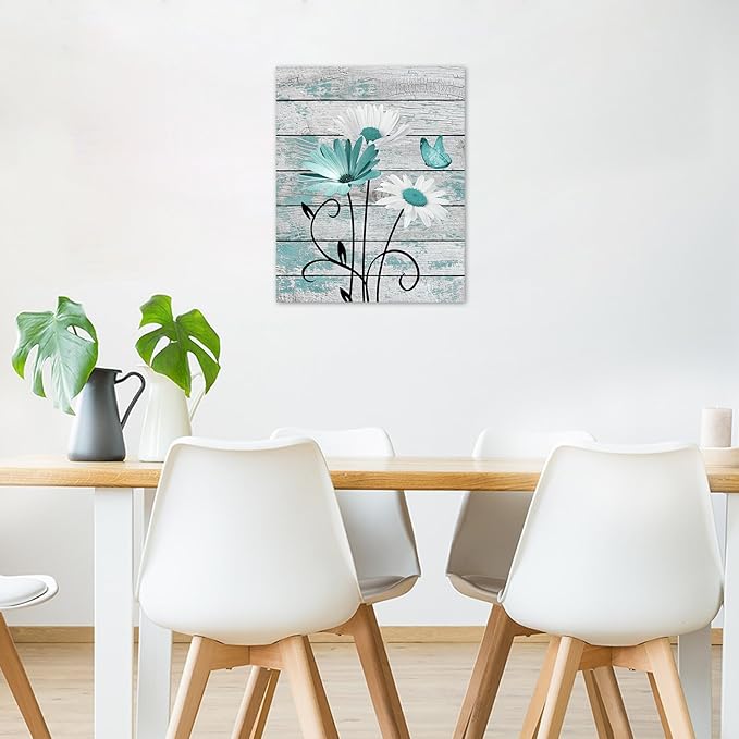 HVEST Vintage Floral Canvas Wall Art Teal Daisy and Butterfly on Farmhouse Wooden Wall Decor for Bedroom, Country Wildflower Framed Wall Art for Living Room Office Dorm Home Decor,24L X 16W inches