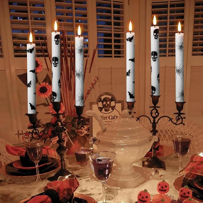 Halloween Flameless Taper Candles Battery Operated with Remote and Timer, 3D Wick Flickering LED Taper Candles Skull Bats Spider Decals Dinner Table Halloween Lights(6 Pack, 0.78 x 9.64”)