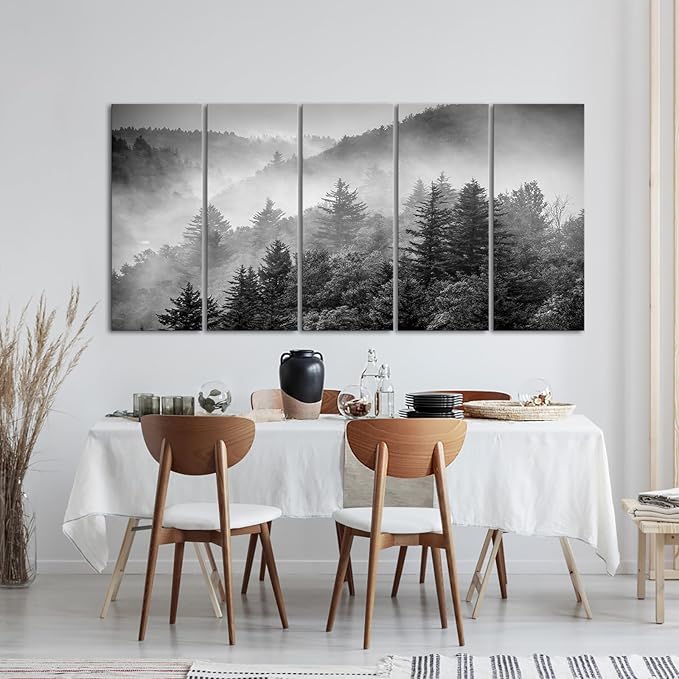 iKNOW FOTO 5-Piece X-Large Canvas Wall Art Set Black and White Misty Forest & Evergreen Trees Landscape Picture Prints Stretched Ready to Hang for Living Room 16x40 Each Panel