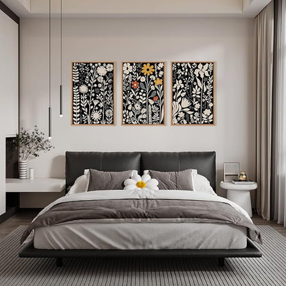 HOURIA Large Moody Boho Floral Framed Canvas Wall Art Set,Mid Century Black Flower Leaf Wall Decor,Retro Dark Wildflower Artwork,Minimalist Botanical Art Print for Living Room,Bedroom,Office-24"x36"x3