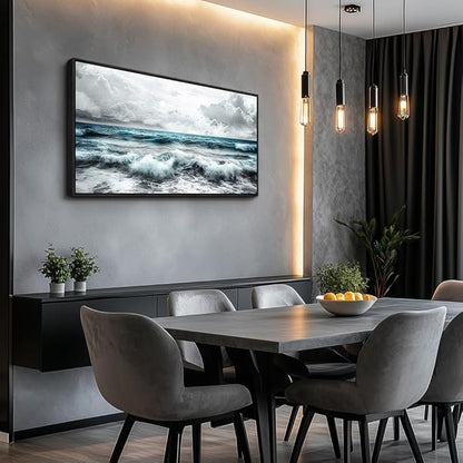 ERQINHUA Black And White Beach Canvas Wall Art For Living Room Wall Decoration For Bedroom Office Decor Blue Sea Wave Pictures Modern Hotel Room Home Decor Wall Painting Black Framed 20x40 In