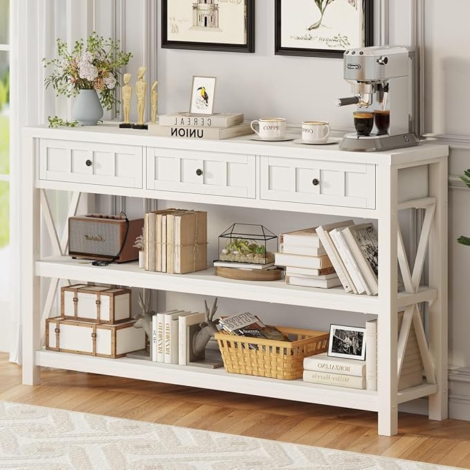FATORRI Console Table for Entryway, Wood and Metal Sofa Table with 3 Drawers for Living Room, Farmhouse Hallway Tables and Modern Couch Tables Behind Sofa (54.72 Inch Long, White Oak)