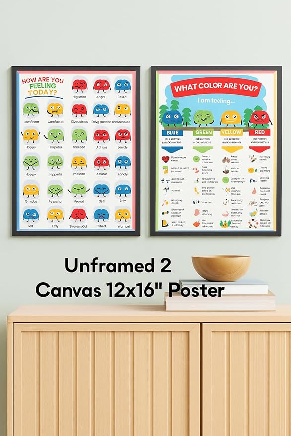 ajdvart Feelings Chart for Kids & Teens - How Are You Feeling Today 2 Posters Set Mental Health Emotions Posters for Therapy, Calm Down Corner, Classroom - Unframed Canvas 12"x16"