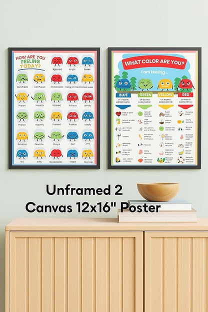 ajdvart Feelings Chart for Kids & Teens - How Are You Feeling Today 2 Posters Set Mental Health Emotions Posters for Therapy, Calm Down Corner, Classroom - Unframed Canvas 12"x16"