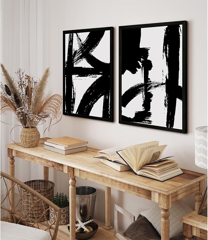 Black and White Wall Art Abstract Modern Painting Minimalist Line Canvas Wall Art Decor Black And White Poster Abstract Artwork Prints for Living Room Bedroom 16x24 Inch Wood Framed Set of 2