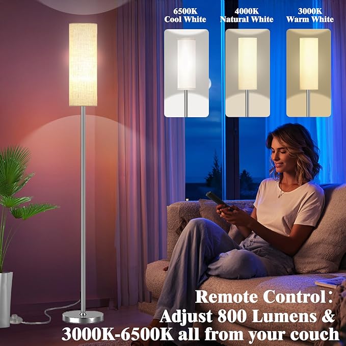 Qaubauyt Smart LED Floor Lamp with APP Control & RGB Colors - Dimmable Standing Lamp for Living Room, Bedroom, Gaming - Remote, Timer, 9W Bulb Included, 67" Modern Tall Lamp (Silver Beige)