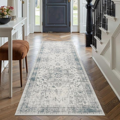 Rugxara 2x5 Hallway Runner Rug, Non Slip Boho Runner Rugs for Hallway, Kitchen, Entrance, Bathroom, Laundry Room, Soft Ultra-Thin Entryway Carpet, Throw Low Pile Retro Imitation Wool Carpet, Blue Grey