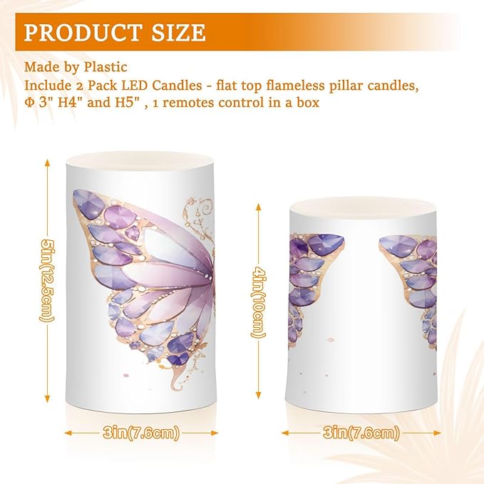 ALAZA Purple Butterflies Flickering Flameless Candles Battery Operated with Remote Timer,Tea Light Candles LED Pillar Votive Candles Set of 2 for Outdoor Indoor Decorations