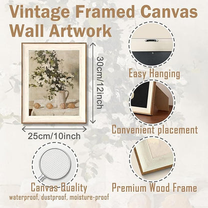 ASTRDECOR Framed Vintage Wall Art, Farmhouse Wall Decor White Flowers Canvas Oil Painting, Vintage Kitchen Decor Floral Wall Art Lemon Botanical North Art Prints for Kitchen Bedroom - 10''x 12''