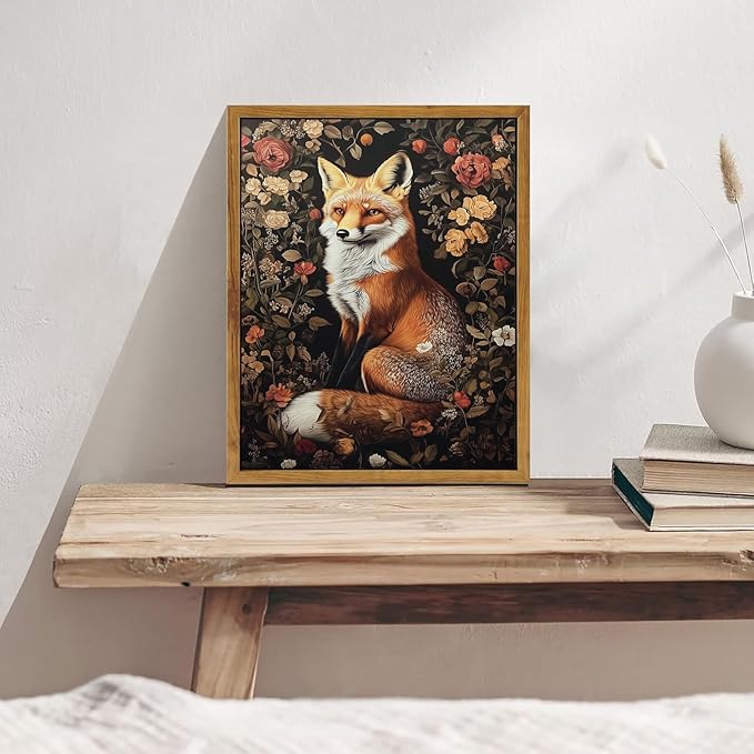 Framed Vintage Wall Art, Vintage Dark Academia Fox Paintings Wall Decor, Woodland Animal Canvas Wall Art Prints Wildlife Botanical Floral Pictures Boho Artwork for Bedroom Living Room 16x24in