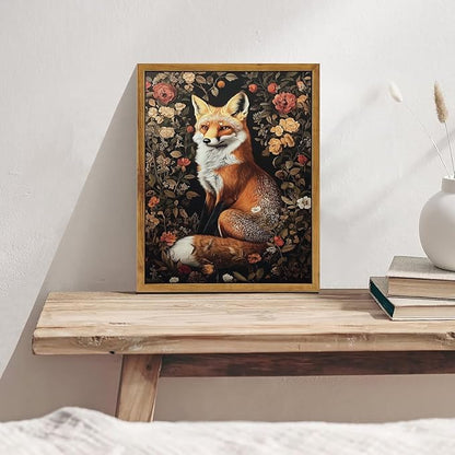 Framed Vintage Wall Art, Vintage Dark Academia Fox Paintings Wall Decor, Woodland Animal Canvas Wall Art Prints Wildlife Botanical Floral Pictures Boho Artwork for Bedroom Living Room 16x24in