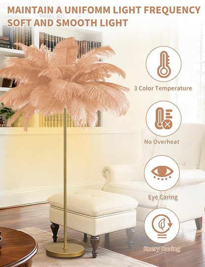 Feather Floor Lamp,Fluffy Ostrich Feather Floor Lamp for Bedroom,3 Color Temperatures Led Corner Modern Floor Lamps for Living Room Christmas Home Decor House Warming Gifts,63″ Height (Champagne)