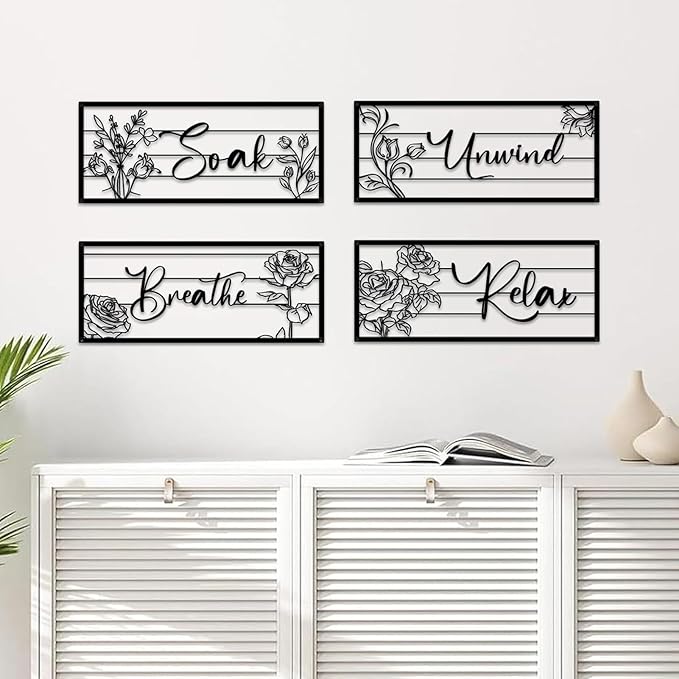 ShxTrade 4 Pieces Black Metal Bathroom Wall Decor - Unwind Relax Soak Breathe Wall Art with Floral Silhouette, Modern Minimalist Line Art Signs for Bathroom, Spa, Rustic Farmhouse Wall Decorations