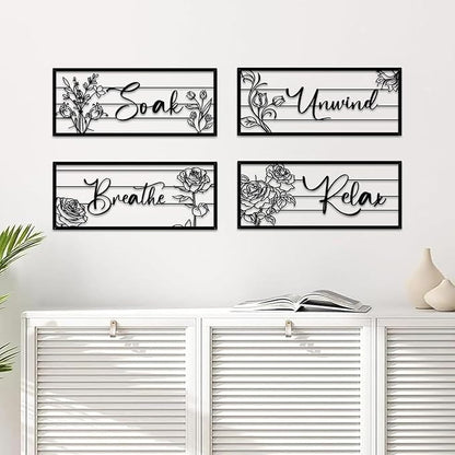 ShxTrade 4 Pieces Black Metal Bathroom Wall Decor - Unwind Relax Soak Breathe Wall Art with Floral Silhouette, Modern Minimalist Line Art Signs for Bathroom, Spa, Rustic Farmhouse Wall Decorations