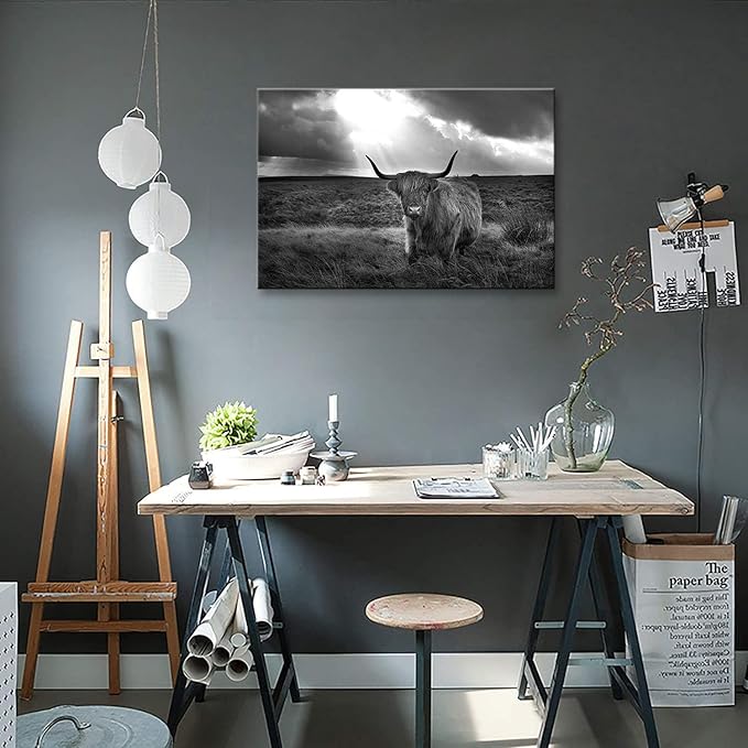Black and White Highland Cow Wall Art Decor Prints Poster Animal Picture Framed Highland Cow Artwork Framed for Living room Bedroom (28x44 inch)