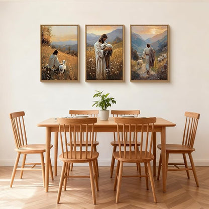 HOURIA Jesus Christ Easter Leaves The 99 Sheep Framed Canvas Wall Art Set,Christian Embraces The Lost Sheep Decor,Religious Bible Verse Resurrection Artwork for Church,Prayer Room,Home- 24"x36"x3