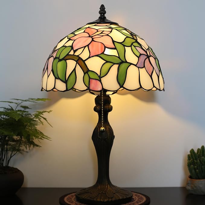 Tiffany Lamp Stained Glass Table Lamp Bedside Reading Lamp 12 x 19” Pink Flower Style Decorative Lamp for Desk Study Living Room Bedroom Office Decor Gift