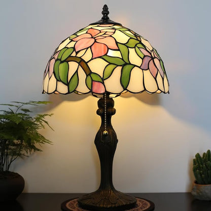 Tiffany Lamp Stained Glass Table Lamp Bedside Reading Lamp 12 x 19” Pink Flower Style Decorative Lamp for Desk Study Living Room Bedroom Office Decor Gift