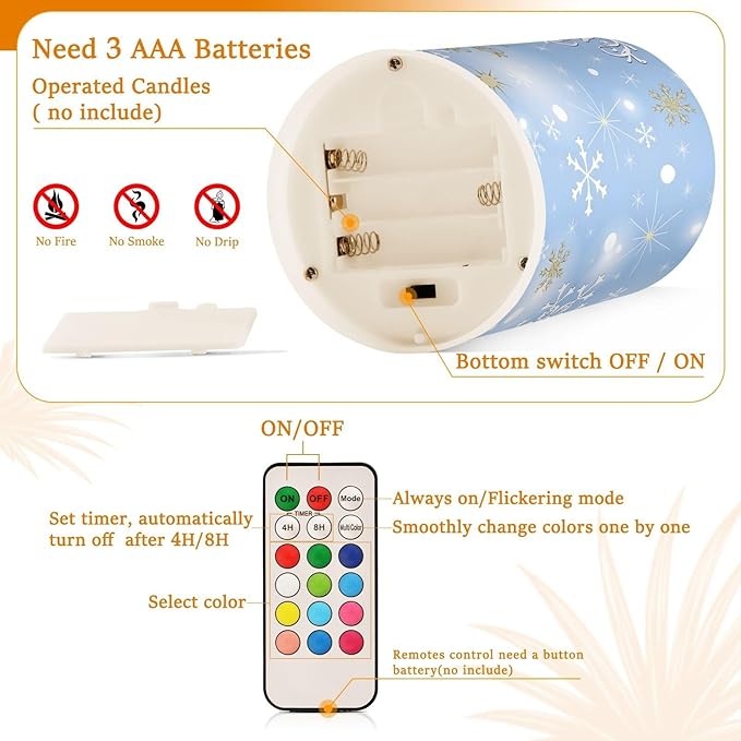 Christmas Lights Decorations Flameless Candles Christmas Silver Snowflake Pillar Candles Set of 2 Battery Operated Remote Control Warm Lights