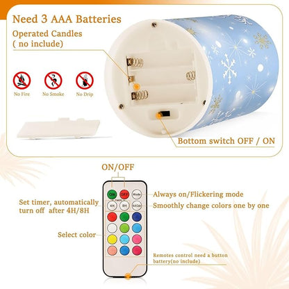 Christmas Lights Decorations Flameless Candles Christmas Silver Snowflake Pillar Candles Set of 2 Battery Operated Remote Control Warm Lights