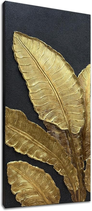 Slyart 100% Hand-Painted 3D Black and Gold Textured Wall Art, Modern Gold Banana Leaf Oil Paintings on Canvas Wall Decor