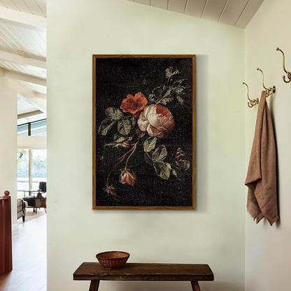 crmotu Large Framed Wall Art, Still Life Rose Canvas Prints, Botanical Floral Vintage Oil Paintings, Dark Academia Flower Pictures Wall Decor Living Room Bedroom Bathroom, Kitchen Decorations 24x36in