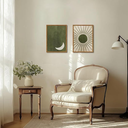 Framed Boho Sun and Moon Canvas Wall Art Set of 2, Vintage Sage Green Bohemian Pictures Wall Decor, Mid Century Modern Abstract Minimalist Paintings Prints for Living Room Bedroom Office 16x24 inch