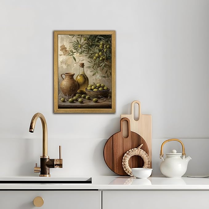Wood Framed Olive Kitchen Wall Art, Vintage Rustic Still Life Canvas Print, Green Olives Poster Print Picture, Fruit Wall Decor Painting for Dining Room Cafe Restaurant Farmhouse Home Decor 8x10 inch