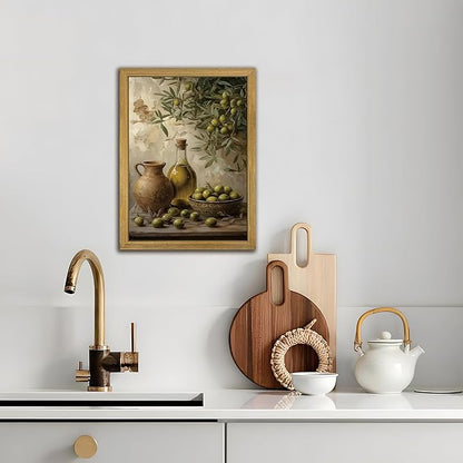 Wood Framed Olive Kitchen Wall Art, Vintage Rustic Still Life Canvas Print, Green Olives Poster Print Picture, Fruit Wall Decor Painting for Dining Room Cafe Restaurant Farmhouse Home Decor 8x10 inch
