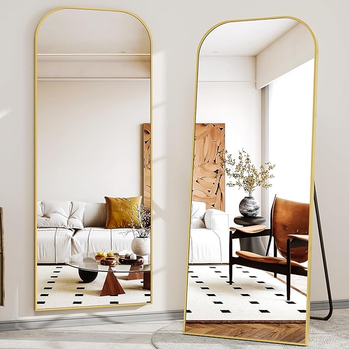 XRAMFY Full Length Mirror, 71"x28" Floor Mirror Freestanding, Arched Floor Standing Large Mirror Full Body Mirrors with Stand for Bedroom, Hanging Mounted Mirrors for Living Room,Gold