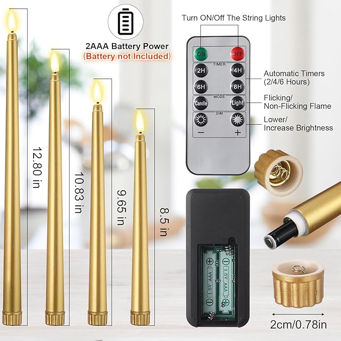 Rossesay 28 Pcs Flameless Taper Candles with Timer Remote 4 Sizes of 8.5", 9.6", 10.83", 12.8" LED Flickering Taper Candles Battery Operated for Valentine's Day Church Wedding Home Decor(Gold)