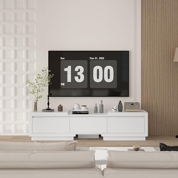 Extendable TV Console Table Modern TV Cabinet with Drawers, Contemporary Entertainment Center Media Storage Console Table for Living Room White (65.4-106.3”W x 15.7”D x 15.4”H)