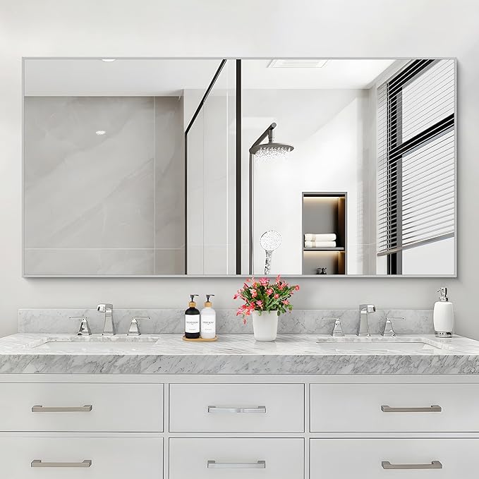 COFENY 30x55In Silver Bathroom Mirror for Wall, Brushed Nickel Rectangle Mirrors with Metal Frame, Bathroom Rectangular Mirror Modern Wall Mirror for Bedroom Living Room, Hangs Horizontal or Vertical