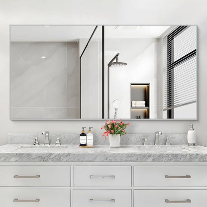 COFENY 30x55In Silver Bathroom Mirror for Wall, Brushed Nickel Rectangle Mirrors with Metal Frame, Bathroom Rectangular Mirror Modern Wall Mirror for Bedroom Living Room, Hangs Horizontal or Vertical