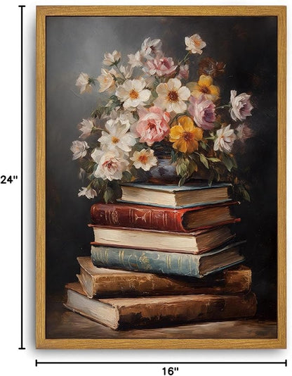 Djmwtb Vintage Framed Wall Art Floral Canvas Wall Art Prints Moody Flower Book Pictures Painting Wall Decor Artwork for Living Room Bedroom Bathroom Office 16x24in