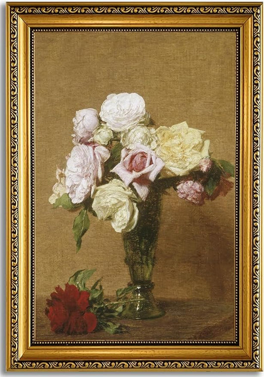 YD&YZY Gold Framed Vintage Wall Art Canvas Henri Fantin Latour Roses Floral Retro Farmhouse Print Art Wall Decor Rustic Cottagecor Painting Picture Print for Dining Room Bedroom 16x24 inch Framed