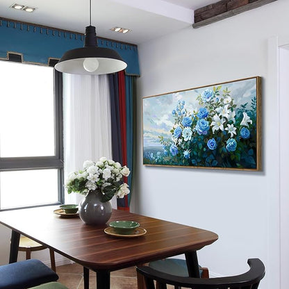 Framed Floral Wall Art for Bedroom Living Room – Blue and White Flowers Canvas Painting with Rustic Wood Frame – Botanical Artwork for Farmhouse & Cottage Décor 48x24 Inch