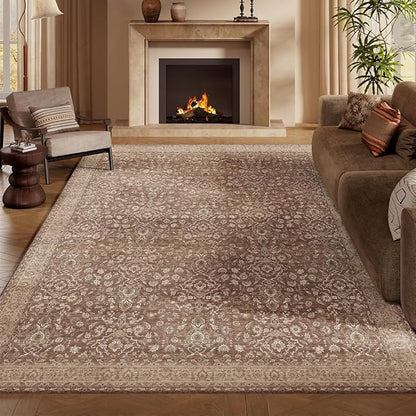 6x9 Area Rugs Reddish Brown Washable Rug for Living Room, Dining Room, Bedroom, Large Carpets, Non Slip & Non-Shedding Low Pile Vintage Print Rug for Home Office Decor