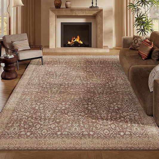 6x9 Area Rugs Reddish Brown Washable Rug for Living Room, Dining Room, Bedroom, Large Carpets, Non Slip & Non-Shedding Low Pile Vintage Print Rug for Home Office Decor