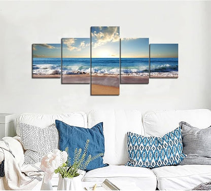Beach Ocean Wave Pictures Wall Art for Living Room Home Decor Framed Stretched Modern Landscape Seascape Painting on Canvas 5 Piece (50" W x 24" H)