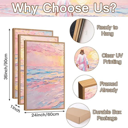 CHDITB Jesus Walking on Water Framed Canvas Wall Art(24"x36"), 3 Panels Colorful Abstract Christian Bible Story Faith LDS Artwork Prints, Large Religious Watercolor Boho Sunset Landscape Christ Gift Decor for Home Office Bedroom
