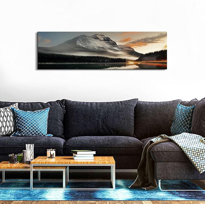Sunset Mountain Landscape Canvas Wall Art for Living Room Wall Decor 14x48" Black and White Nature Forest River Scenery Picture Prints Paintings Artwork for Bedroom Bathroom Office Home Decoration